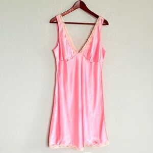 VTG 90s Victoria's Secret Baby Pink Satin Slip Chemise Dress Lace Trim Size L